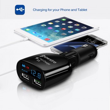 Powstro Fast Quick Charge 3.0 Car Charger Dual USB Phone Charger Adapter QC3.0 + 5V 2.4A Digital Display Low Voltage Warning
