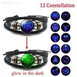 Aries Gemini Leo Libra Scorpio 12 Constellation Luminous Bracelet Leather Bracelet Zodiac Sign Jewelry Bracelet for Men Women