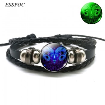Aries Gemini Leo Libra Scorpio 12 Constellation Luminous Bracelet Leather Bracelet Zodiac Sign Jewelry Bracelet for Men Women