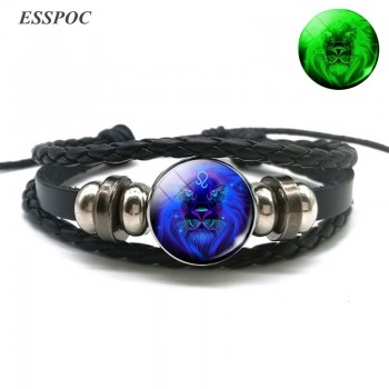 Aries Gemini Leo Libra Scorpio 12 Constellation Luminous Bracelet Leather Bracelet Zodiac Sign Jewelry Bracelet for Men Women