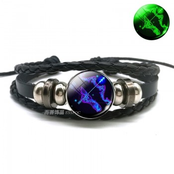 Aries Gemini Leo Libra Scorpio 12 Constellation Luminous Bracelet Leather Bracelet Zodiac Sign Jewelry Bracelet for Men Women