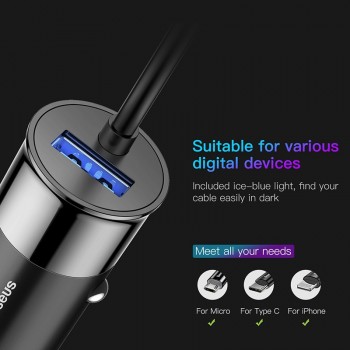 Baseus 2in 1 Car Charger For Mobile Phone Travel Adapteramp; USB Type C Spring Charging Cable for iPhone Samsung Car Phone Charger