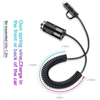 Baseus 2in 1 Car Charger For Mobile Phone Travel Adapteramp; USB Type C Spring Charging Cable for iPhone Samsung Car Phone Charger