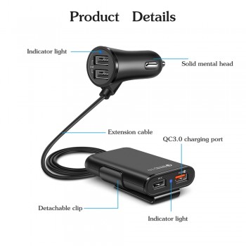 Powstro Expand Back Seat Car Charger 52W QC3.0 +2.4A+3.1A 4 USB Car phone Charger for iPhone8 X XS XR  iPad  Samsung S8 S9xiaomi
