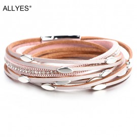 ALLYES Pink Color Leather Bracelets For Women 2018 Fashion Leaf Charm Crystal Boho Multi Layer Wrap Bracelet Femme Jewelry