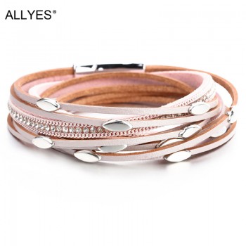 ALLYES Pink Color Leather Bracelets For Women 2018 Fashion Leaf Charm Crystal Boho Multi Layer Wrap Bracelet Femme Jewelry