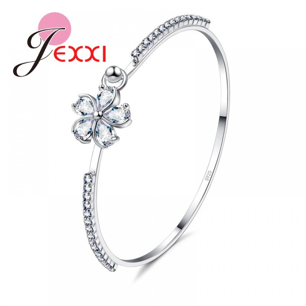 Giemi   925 Sterling Silver Bangles Engagement Decoration Pretty Bridal Wedding Jewelry Women/Girls Cubiz Zircon Flower Bracelet