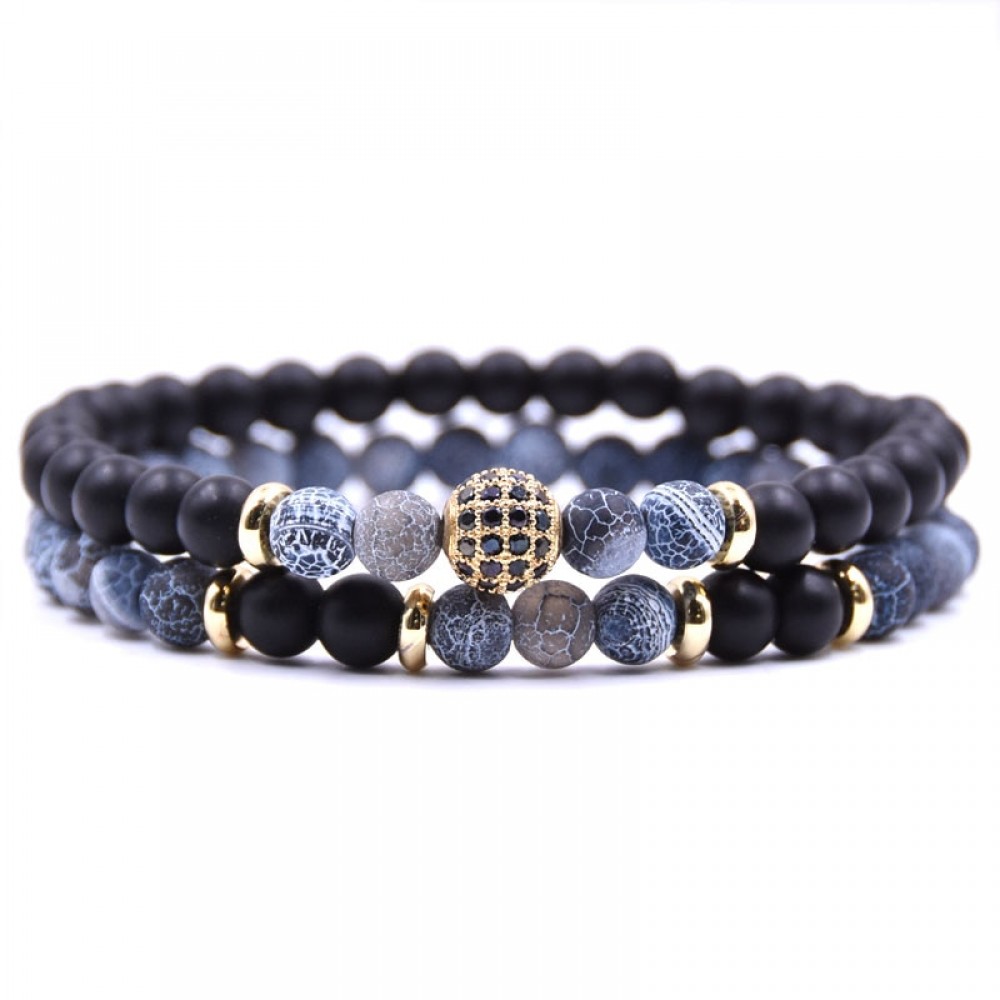 HYHONEY 2pc/sets Natural stone Bracelet men Micro Pave CZ 8mm Disco Ball Charms Bracelets for women Men jewelry viking bijoux