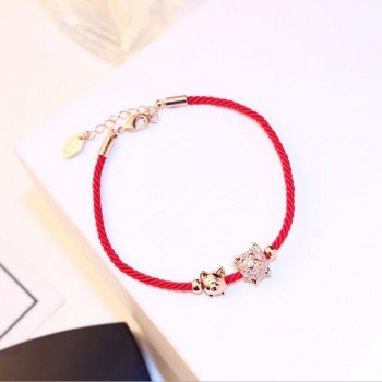Fashion Cute Pig Adjueable Bracelet Braided Bracelets for Women Waven Lucky Red Rope Chain Rose Gold Color Bangles Jewelry
