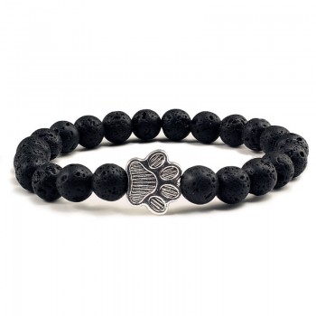 Natural Matte Black Lava Volcanic Stone Paw Print Charm Bracelet Homme Femme Pet Memorial Cat Dog Lovers Jewelry Bracelets Gifts