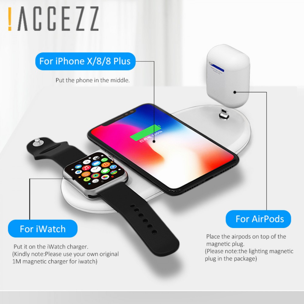 !ACCEZZ 3 in 1 10W 7.5W QI Fast Wireless Charging For iphone 8 8P Plus X XS MAX XR Quick Charge For Apple Watch AirPods Charger