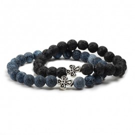 Black Lava Beads Charm Mens Natural Stone Bracelet  Sliver Cross Women Fashion Blue Turquoises Strand Bracelets Bangles Jewelry