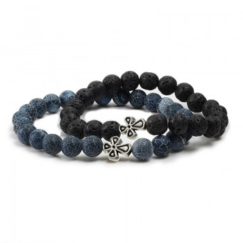 Black Lava Beads Charm Mens Natural Stone Bracelet  Sliver Cross Women Fashion Blue Turquoises Strand Bracelets Bangles Jewelry