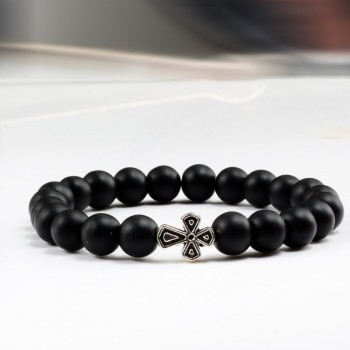 Black Lava Beads Charm Mens Natural Stone Bracelet  Sliver Cross Women Fashion Blue Turquoises Strand Bracelets Bangles Jewelry