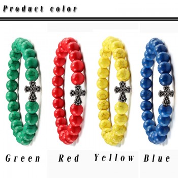 Black Lava Beads Charm Mens Natural Stone Bracelet  Sliver Cross Women Fashion Blue Turquoises Strand Bracelets Bangles Jewelry