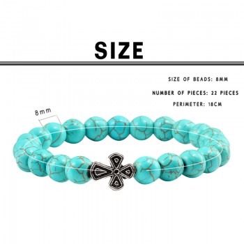 Black Lava Beads Charm Mens Natural Stone Bracelet  Sliver Cross Women Fashion Blue Turquoises Strand Bracelets Bangles Jewelry
