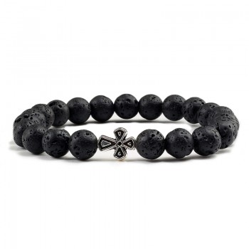 Black Lava Beads Charm Mens Natural Stone Bracelet  Sliver Cross Women Fashion Blue Turquoises Strand Bracelets Bangles Jewelry