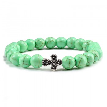 Black Lava Beads Charm Mens Natural Stone Bracelet  Sliver Cross Women Fashion Blue Turquoises Strand Bracelets Bangles Jewelry