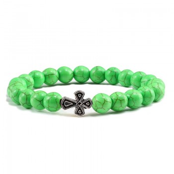 Black Lava Beads Charm Mens Natural Stone Bracelet  Sliver Cross Women Fashion Blue Turquoises Strand Bracelets Bangles Jewelry
