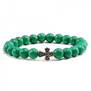 Black Lava Beads Charm Mens Natural Stone Bracelet  Sliver Cross Women Fashion Blue Turquoises Strand Bracelets Bangles Jewelry