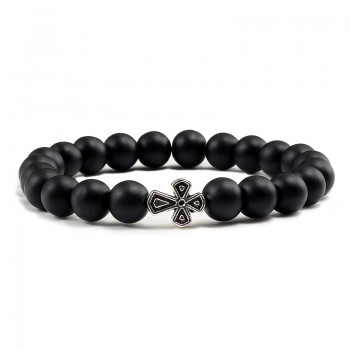 Black Lava Beads Charm Mens Natural Stone Bracelet  Sliver Cross Women Fashion Blue Turquoises Strand Bracelets Bangles Jewelry