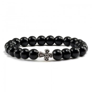 Black Lava Beads Charm Mens Natural Stone Bracelet  Sliver Cross Women Fashion Blue Turquoises Strand Bracelets Bangles Jewelry