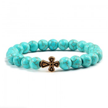 Black Lava Beads Charm Mens Natural Stone Bracelet  Sliver Cross Women Fashion Blue Turquoises Strand Bracelets Bangles Jewelry