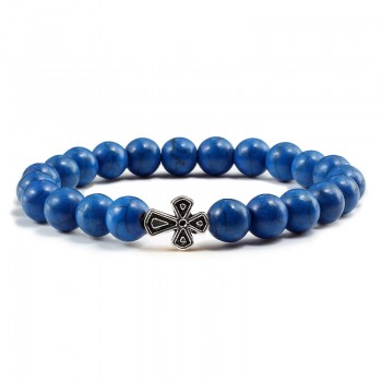 Black Lava Beads Charm Mens Natural Stone Bracelet  Sliver Cross Women Fashion Blue Turquoises Strand Bracelets Bangles Jewelry