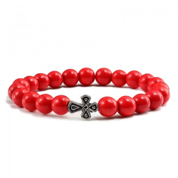 Black Lava Beads Charm Mens Natural Stone Bracelet  Sliver Cross Women Fashion Blue Turquoises Strand Bracelets Bangles Jewelry