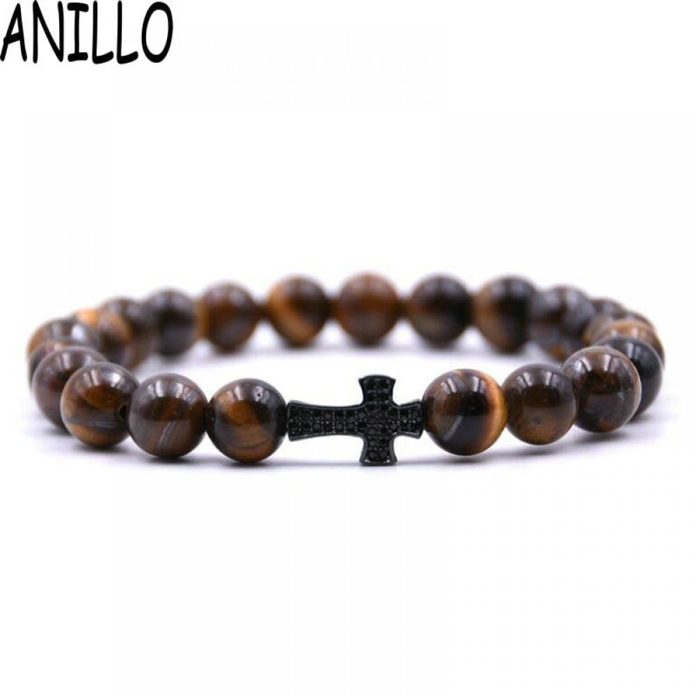 ANILLO  Men Black Cross Bracelet Natural Beads Strand Bracelet Micro Pave CZ 8 MM Pine Stone Beads For Women Energy Jewelry