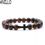 ANILLO  Men Black Cross Bracelet Natural Beads Strand Bracelet Micro Pave CZ 8 MM Pine Stone Beads For Women Energy Jewelry