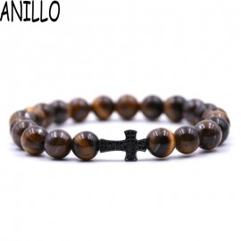 ANILLO  Men Black Cross Bracelet Natural Beads Strand Bracelet Micro Pave CZ 8 MM Pine Stone Beads For Women Energy Jewelry
