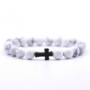 ANILLO  Men Black Cross Bracelet Natural Beads Strand Bracelet Micro Pave CZ 8 MM Pine Stone Beads For Women Energy Jewelry