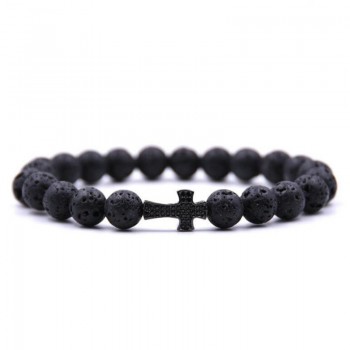 ANILLO  Men Black Cross Bracelet Natural Beads Strand Bracelet Micro Pave CZ 8 MM Pine Stone Beads For Women Energy Jewelry