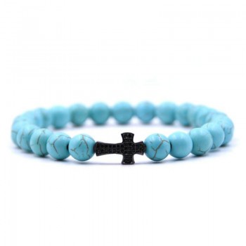 ANILLO  Men Black Cross Bracelet Natural Beads Strand Bracelet Micro Pave CZ 8 MM Pine Stone Beads For Women Energy Jewelry