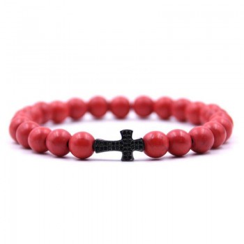 ANILLO  Men Black Cross Bracelet Natural Beads Strand Bracelet Micro Pave CZ 8 MM Pine Stone Beads For Women Energy Jewelry