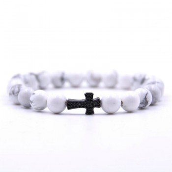 ANILLO  Men Black Cross Bracelet Natural Beads Strand Bracelet Micro Pave CZ 8 MM Pine Stone Beads For Women Energy Jewelry
