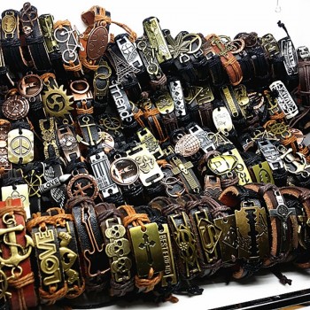 MIXMAX 100pcs Genuine Leather bracelets vintage retro Copper Alloy men womens top tribal punk surfer cuff bangle Wholesale