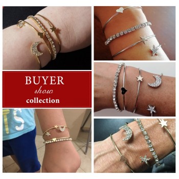 IF ME Fashion Charm Cuff Bracelet Bangle Set for Women Gold Silver Color Star Moon Heart Micro Paved Crystal Rhinestone Jewelry