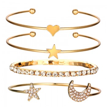 IF ME Fashion Charm Cuff Bracelet Bangle Set for Women Gold Silver Color Star Moon Heart Micro Paved Crystal Rhinestone Jewelry