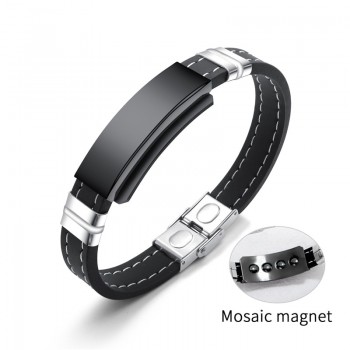 AZIZ BEKKAOUI Engrave Name Black Silicone Leather Bracelet Magnetic Stainless Steel Bracelets for Men Vintage Male Jewelry Gift