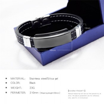 AZIZ BEKKAOUI Engrave Name Black Silicone Leather Bracelet Magnetic Stainless Steel Bracelets for Men Vintage Male Jewelry Gift