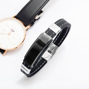 AZIZ BEKKAOUI Engrave Name Black Silicone Leather Bracelet Magnetic Stainless Steel Bracelets for Men Vintage Male Jewelry Gift