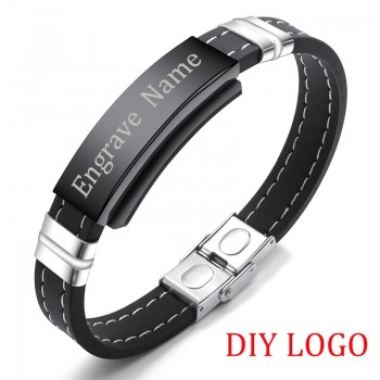 AZIZ BEKKAOUI Engrave Name Black Silicone Leather Bracelet Magnetic Stainless Steel Bracelets for Men Vintage Male Jewelry Gift