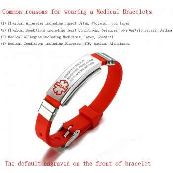 Engraving Custom ID Text Name Medical Alert Bracelet for Women Emergency Remind Jewelry Red Silicone Adjustable Size