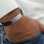 Mens Personalised Plaited Leather ID Tag Bracelet Stainless Steel Custom Name Logo Dad Gifts