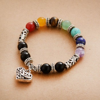 Classic 7 Chakra Bracelet Natural Stone Women Healing Balance Bracelets Heart Charm Mala Bracelet Jewelry