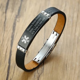 Personalized Black Geruine Leather Bracelet Free Engraving Medical Alert ID Tag DIABETES Emergency