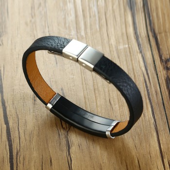Personalized Black Geruine Leather Bracelet Free Engraving Medical Alert ID Tag DIABETES Emergency