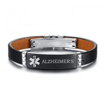 Personalized Black Geruine Leather Bracelet Free Engraving Medical Alert ID Tag DIABETES Emergency